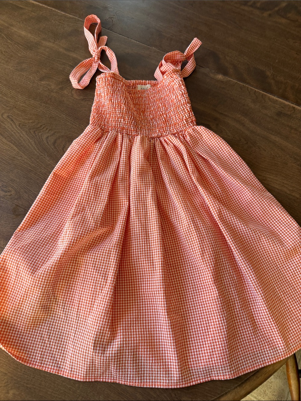 Girls' Gingham Tie-Shoulder Casual Dress in Orange